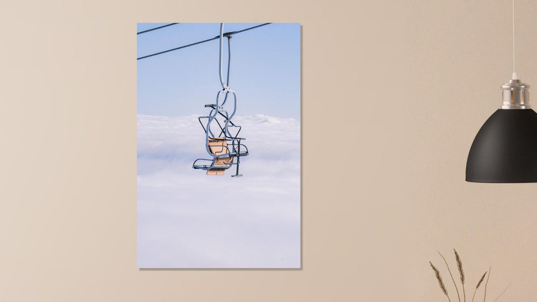 Stunning metal print from our exclusive collection | cable chairs hanging over the clouds