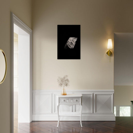 finely sculptured masterpiece, a young woman's visage adorned with a delicate veil on a 50x75 cm metal wall art - Linked Frame