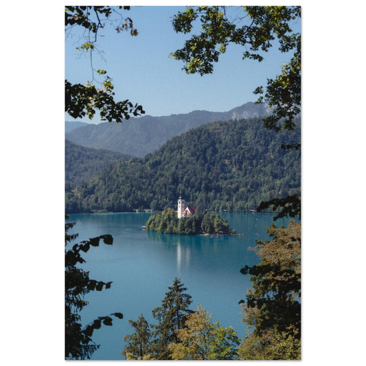capturing the iconic church on Lake Bled's island on a 50x75 cm metal wall art - Linked Frame
